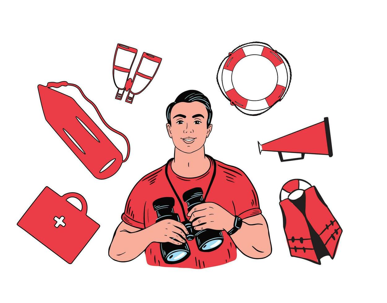 The rescuer holds binoculars in his hands. A set of rescue equipment. Logo. Color hand drawn sketch.Vector illustration. vector