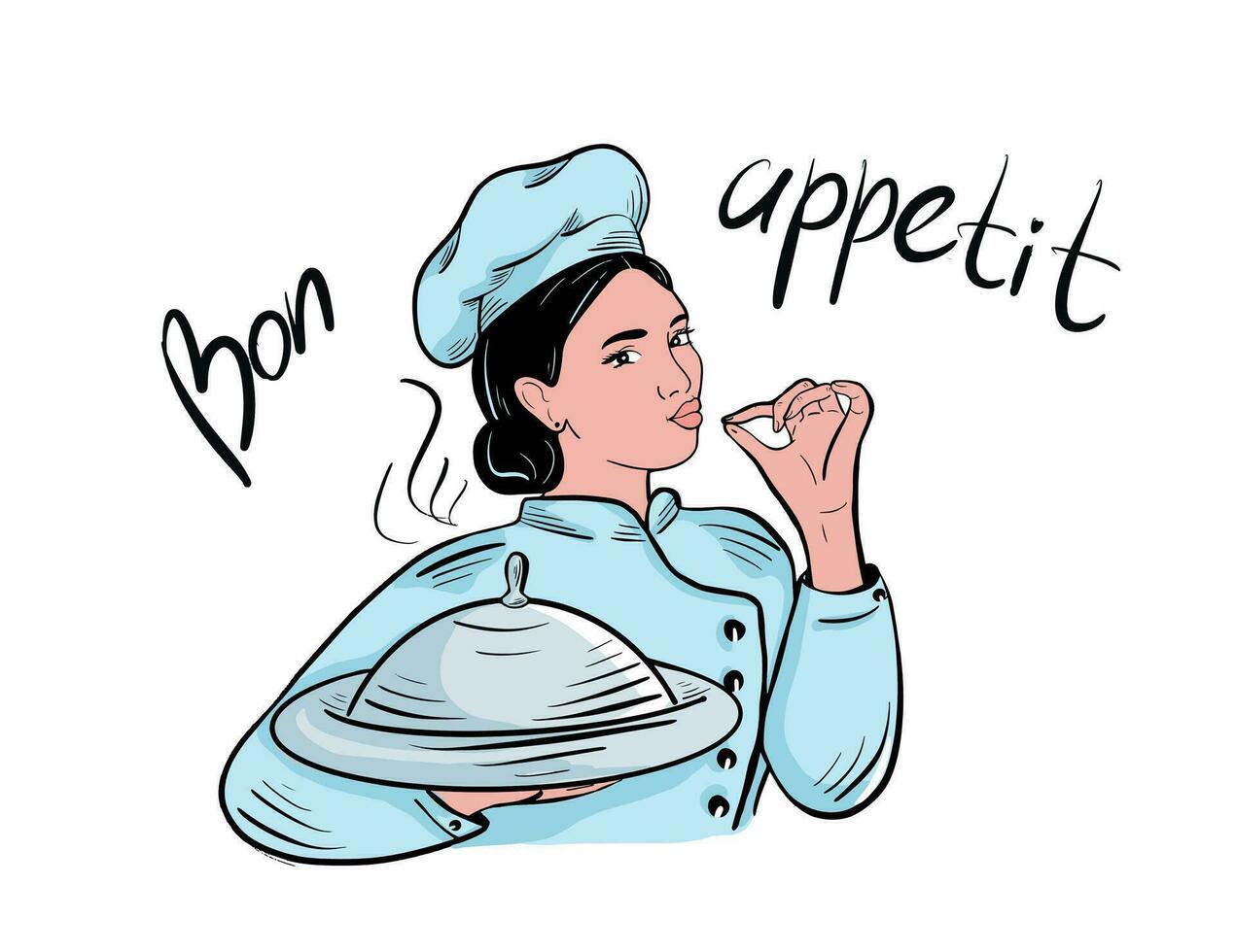 Beautiful brunette girl chef cook in uniform holding a dish in her hands and showing deliciousness.Vector illustration. vector