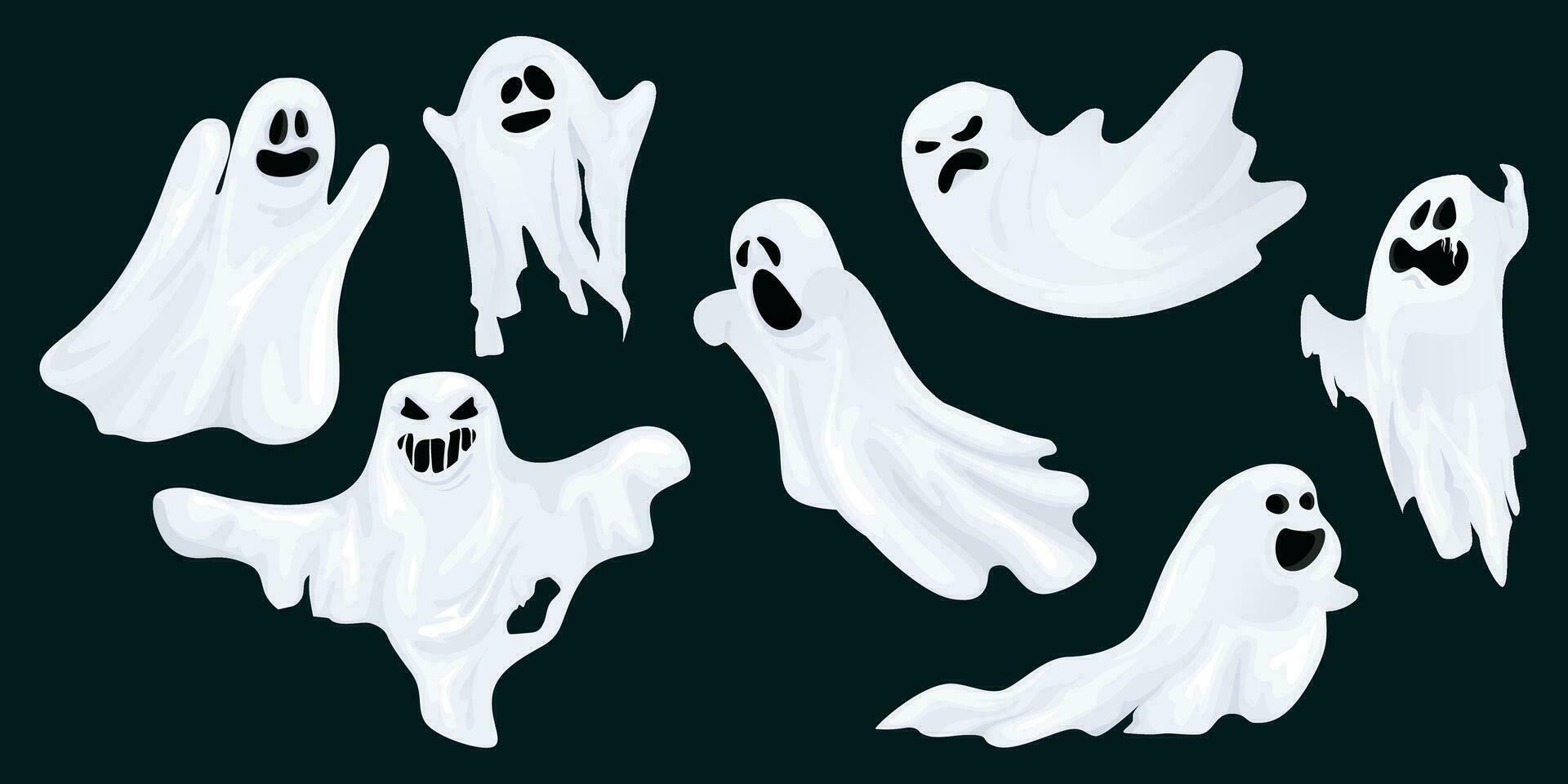 fantasma asusta horror personaje colocar. linda gracioso abucheo, fantasma hoja Víspera de Todos los Santos personaje diseño. aislado vector ilustración.