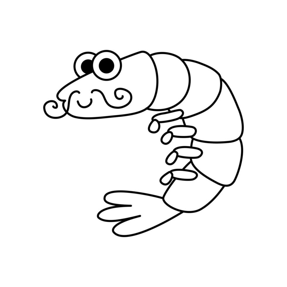 Cartoon funny doodle shrimp with mustache, character. Template for logo, icon, design element. vector