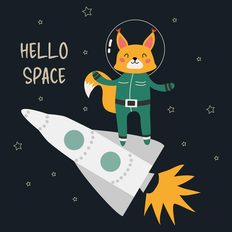 Hand-drawn vector illustration of a cute squirrel astronaut in space. Cute space illustration with an animal on a spaceship among the stars. Hello Space. Concept for children's T-shirt print, postcard