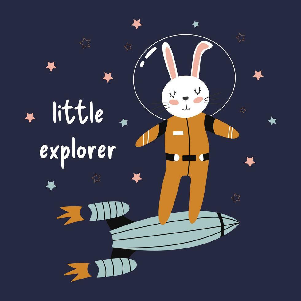 Hand-drawn vector illustration of a cute bunny astronaut in space. Cute space illustration with animal in a spacesuit. Little explorer. Bunny on a rocket. Concept for printing on children's t-shirt
