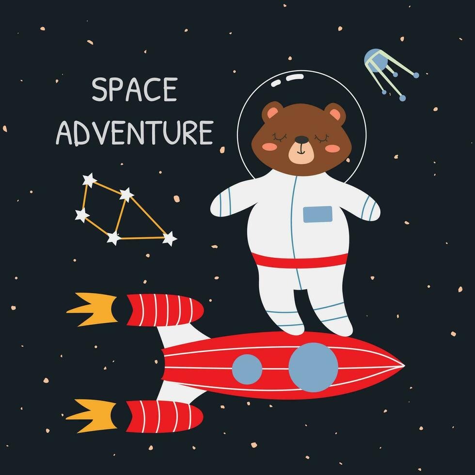 Hand-drawn vector illustration of a cute astronaut bear in space. Space illustration with animal in a spacesuit on a spaceship. Space adventure. Concept for printing on children's t-shirt, poster.