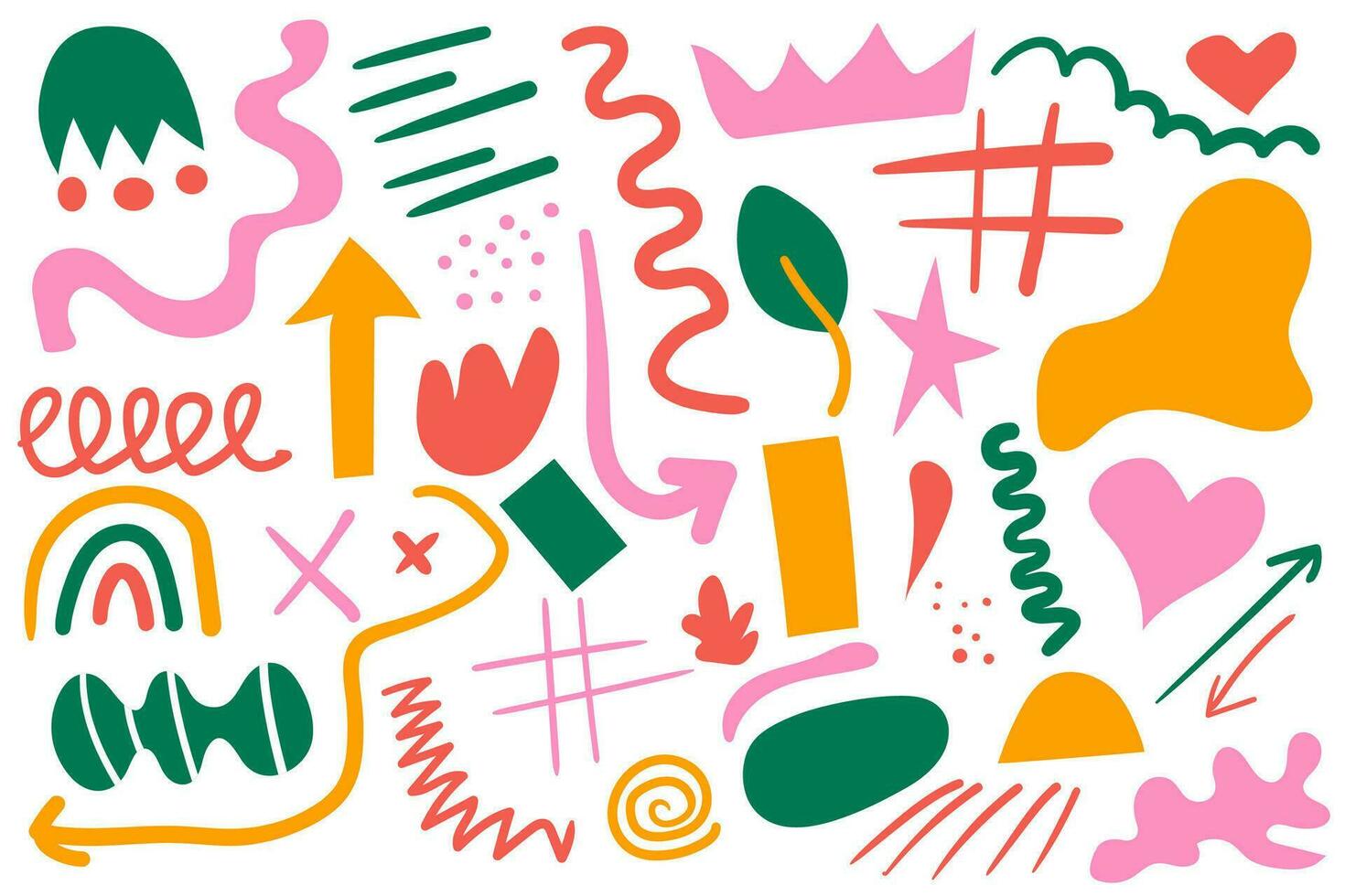 Abstract art background vector. Big element collection, unusual organic shapes. Doodle style. Vector minimal childish hand drawn isolated collection. Simple colorful creative forms.