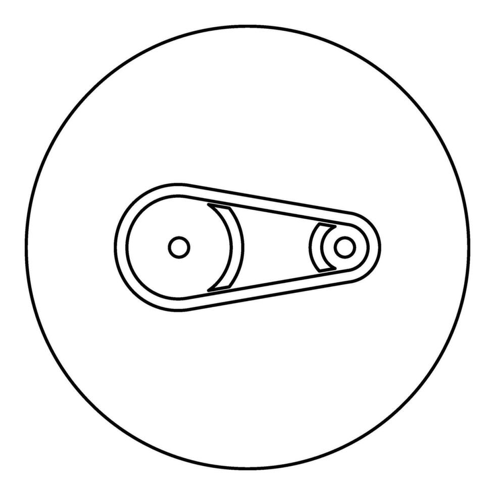 cinturón transmisión mecanismo con dos poleas conducir parte automóvil tensión rodillos motor de repuesto auto reparar ruedas con caucho cinta correa trapezoidal automotor concepto icono en circulo redondo negro color vector