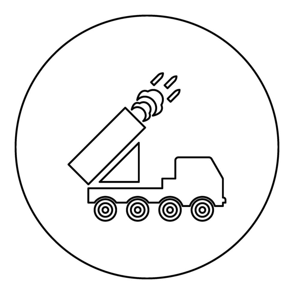 Multiple launch volley reactive rocket system fire shoots missiles icon in circle round black color vector illustration image outline contour line thin style