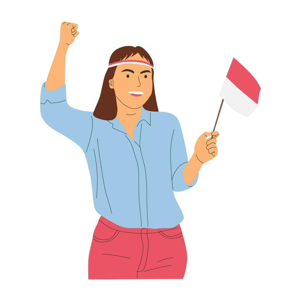 vector illustration concept of celebrating indonesia independence day by holding indonesian flag