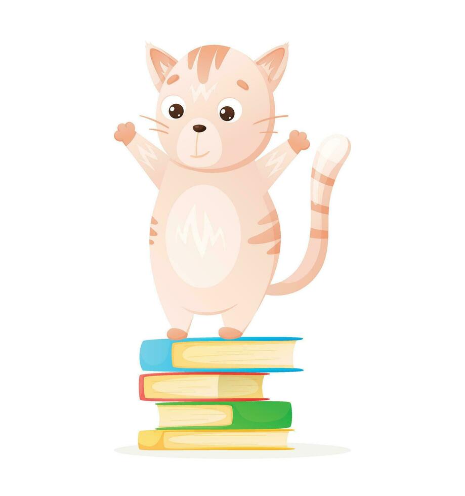 dibujos animados niño colegial gato y apilar de libros, vector aislado espalda a colegio ilustración.