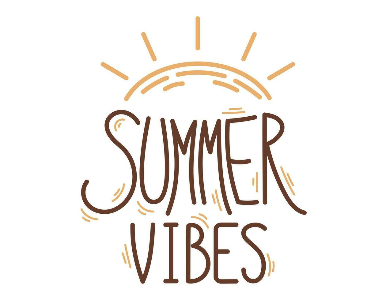 Handwritten calligraphic lettering Summer Vibes Vector isolated tropical sun sticker with rays, line art style.