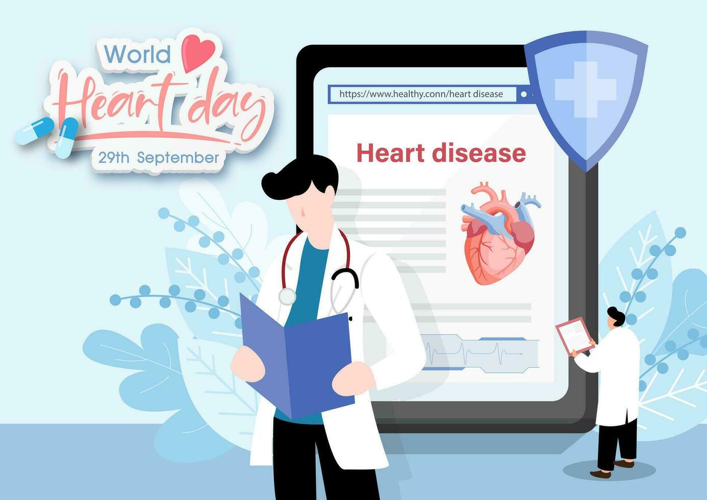 Doctor in cartoon character with giant information of heart disease clipboard and example texts on  blue plants background. World heart day's poster campaign in flat style and vector design.