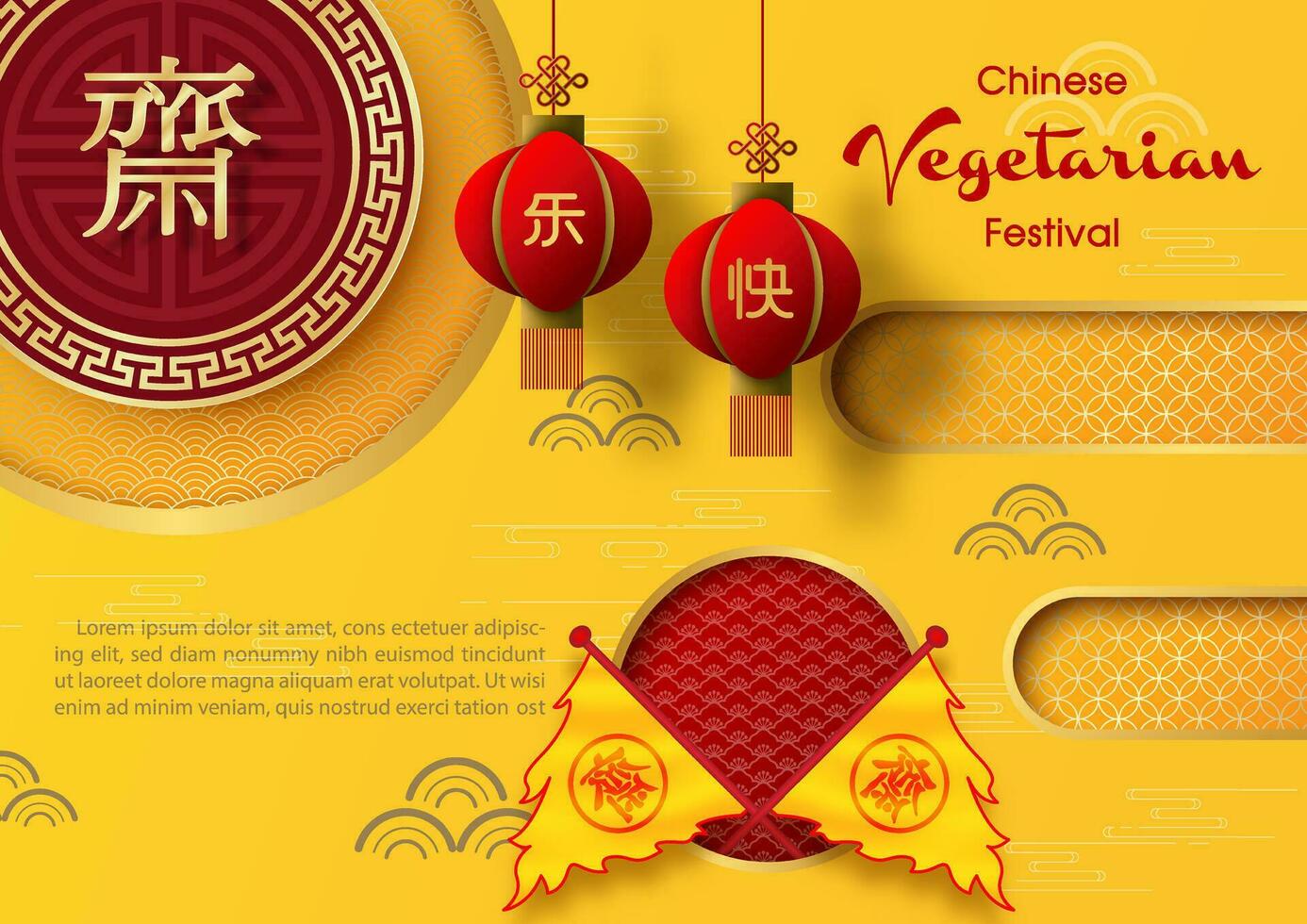 tarjeta de felicitación y publicidad de afiches del festival vegetariano chino en estilo de corte de papel y diseño vectorial. Las letras chinas doradas significan ayuno para adorar a Buda en inglés. vector