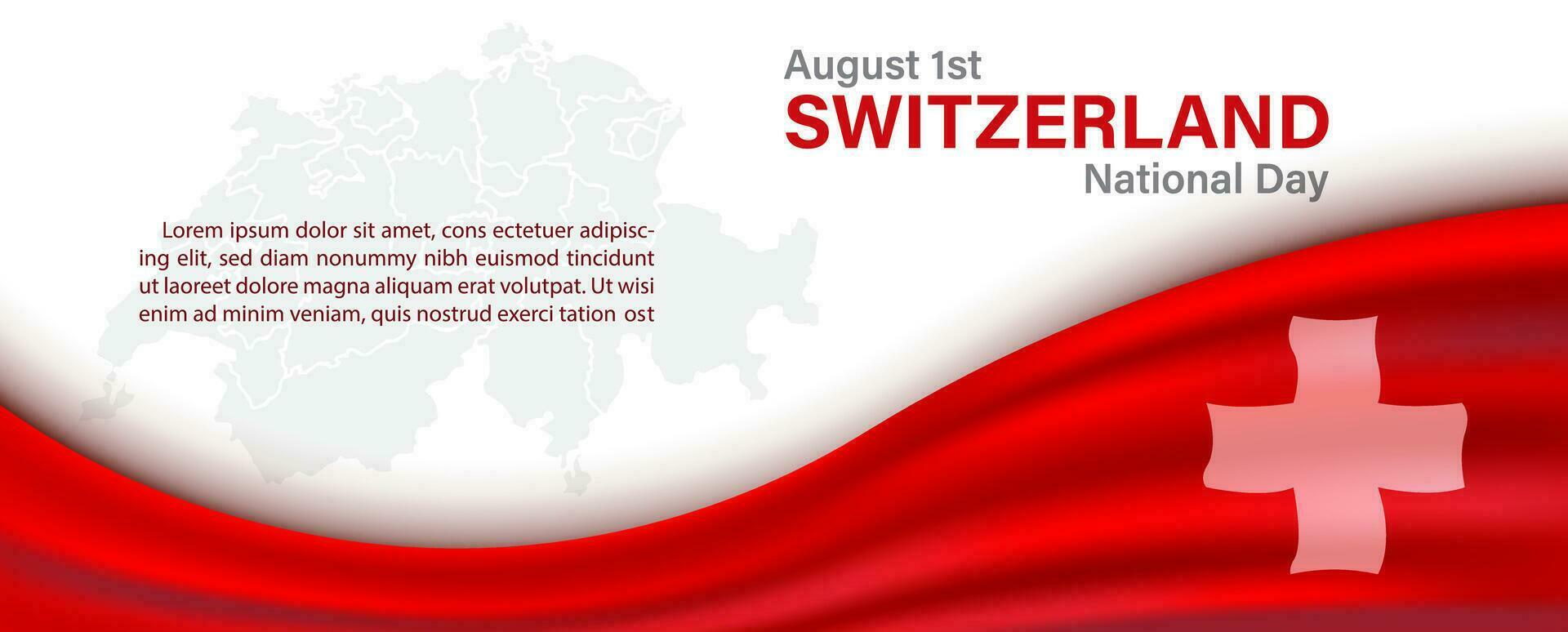 Closeup and crop of The Switzerland flag with the day and name of event, example texts on the map of Switzerland isolated on white background. vector