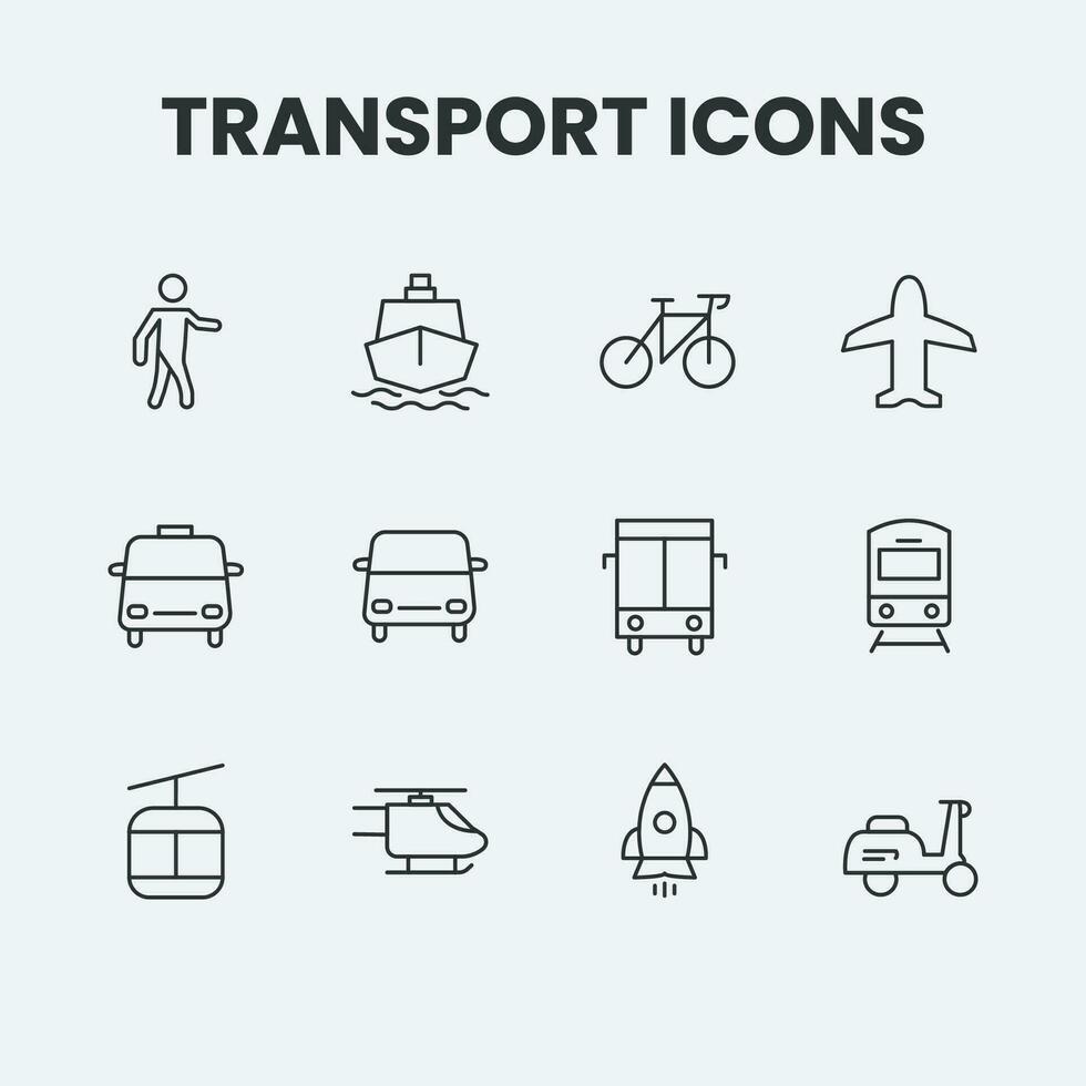 Transport icons set on white background. Includes walk, boat, bicycle, plane and many more icons. Outline icons. EPS 10 Vector. vector