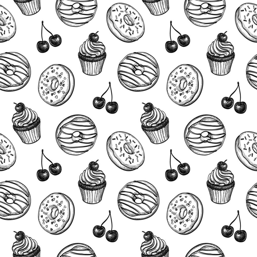 Donats, cupcake and cherry. Seamless pattern. Ink sketches on white background. Hand drawn vector illustration. Retro style.