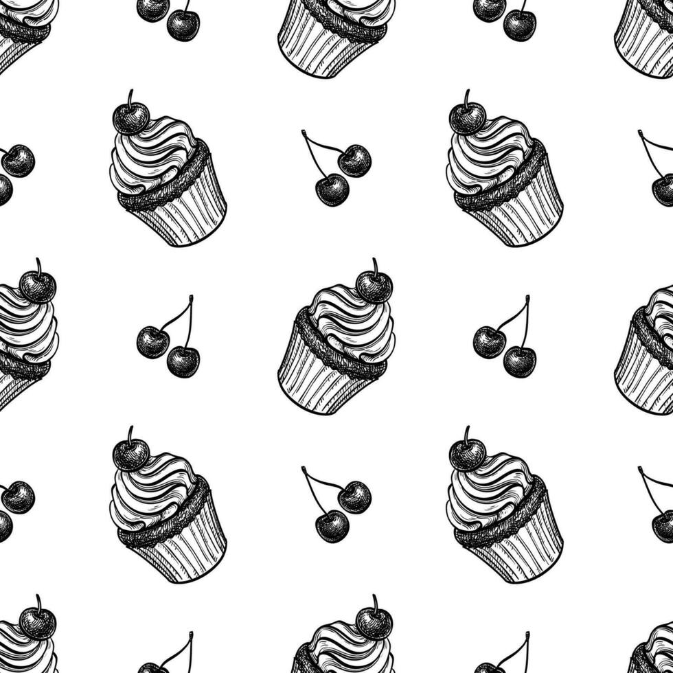 Cupcake with cherry. Seamless pattern. Ink sketches on white background. Hand drawn vector illustration. Retro style.