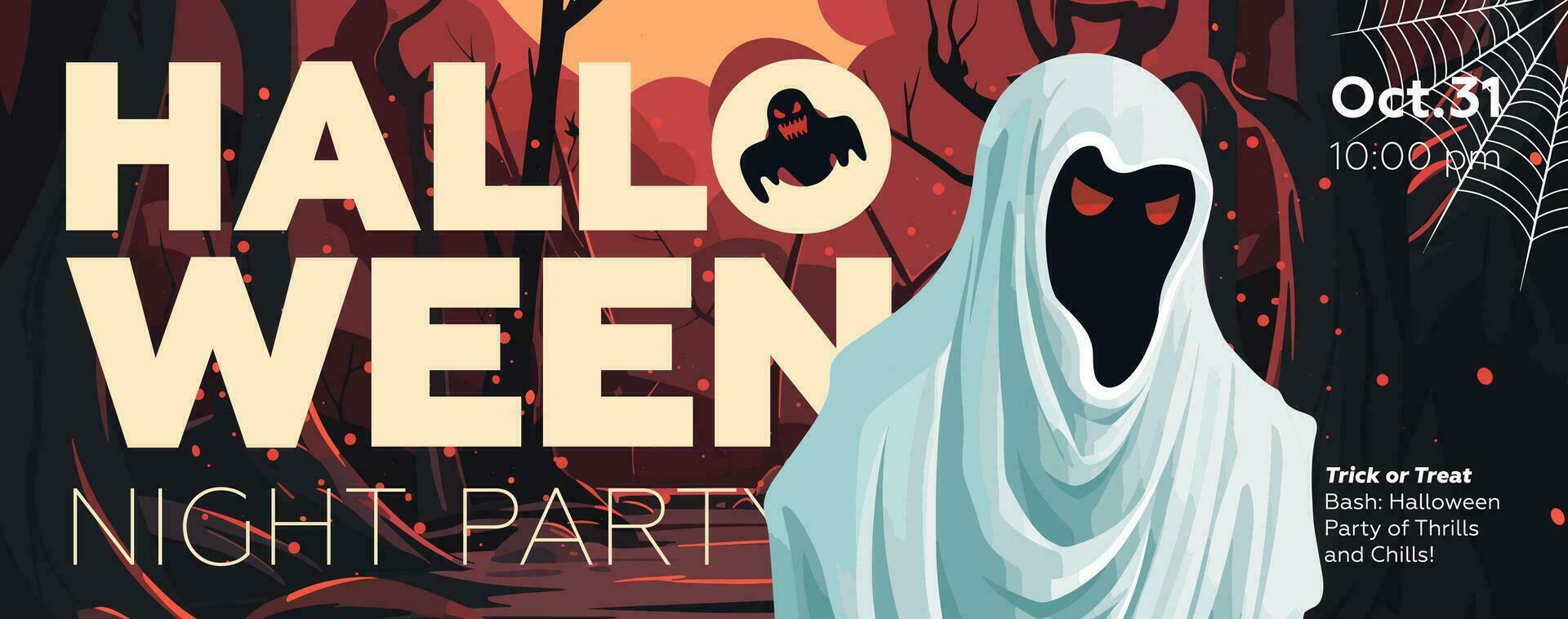 Halloween party banner with ghost on night forest background. Horizontal poster evil monster in moon wood. Art cover spooky dead man. Holiday evening promo artwork flyer. Trendy typography eps print vector