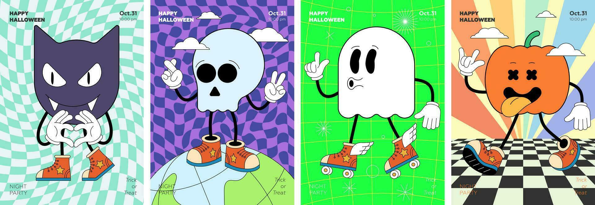 Retro groovy Happy Halloween night party art poster set. Funky pumpkin, skull, bat and ghost holiday characters on crazy hippy placard. Psychedelic hippie abstract flyer. Trendy y2k pop culture design vector