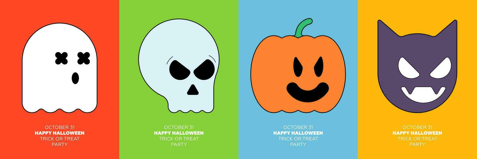 Happy Halloween trick or treat party poster set with geometric characters. October 31 holiday event. Pumpkin, skull, bat and ghost minimalistic graphic mascots on colourful cover. Trendy vector print