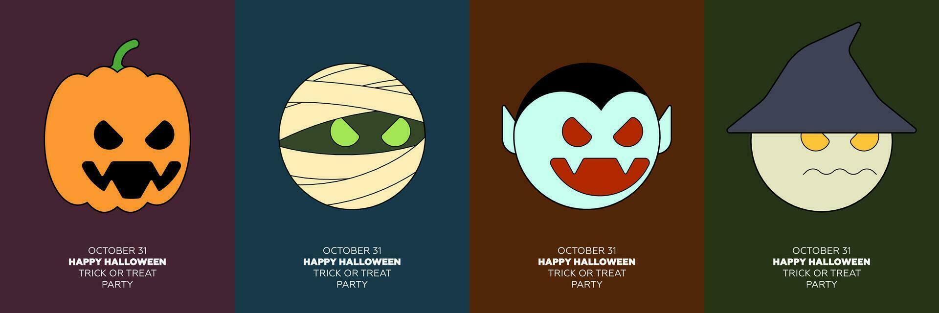 Happy Halloween trick or treat party poster set with geometric characters. October 31 holiday event. Pumpkin, mummy, vampire and witch minimalistic graphic mascots on colourful cover. Trendy eps print vector