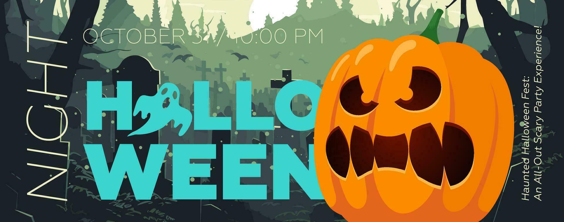 Happy Halloween night party banner with spooky face pumpkin in graveyard. Horizontal art poster scary Jack-o-lantern in cemetery. Holiday promo artwork flyer. Trendy typography print vector template