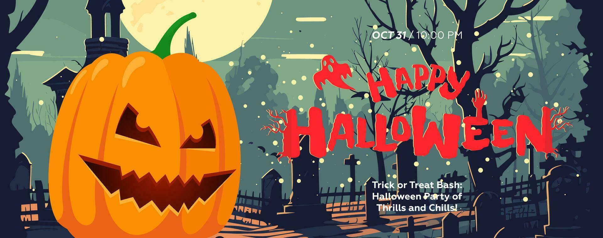 Happy Halloween All Saints night banner with spooky face pumpkin in graveyard. Horizontal art poster scary Jack-o-lantern in cemetery. Holiday promo invitation flyer. Typography artwork card template vector