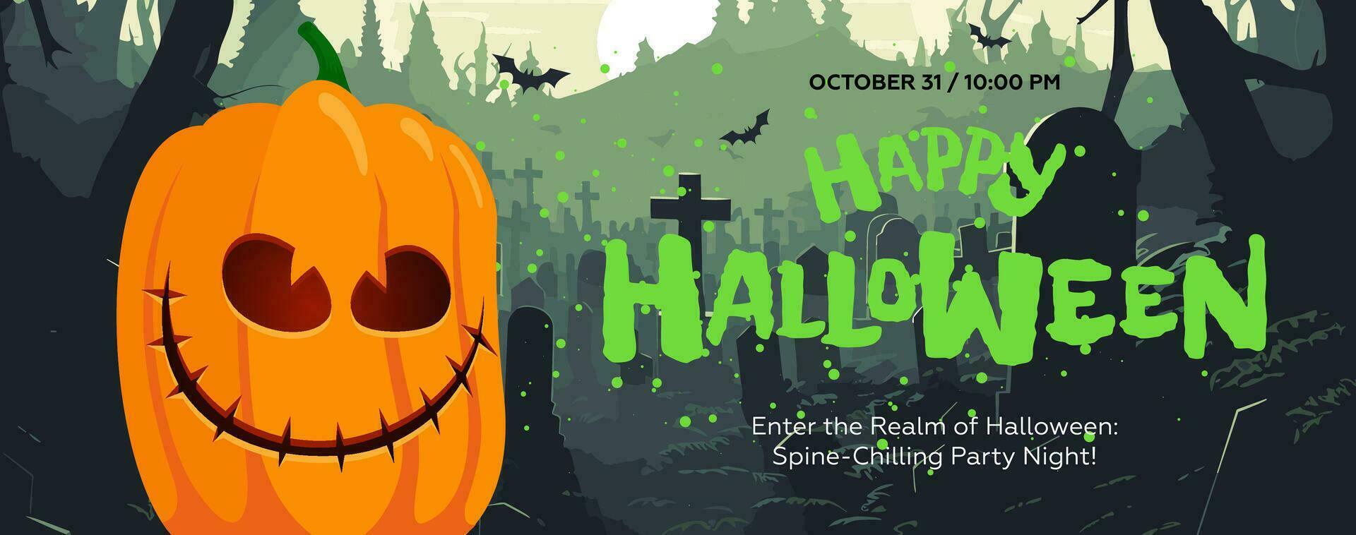 Happy Halloween All Saints Eve banner with spooky face pumpkin in graveyard. Horizontal art poster scary Jack-o-lantern in cemetery. Holiday promo invitation card. Typography artwork flyer template vector