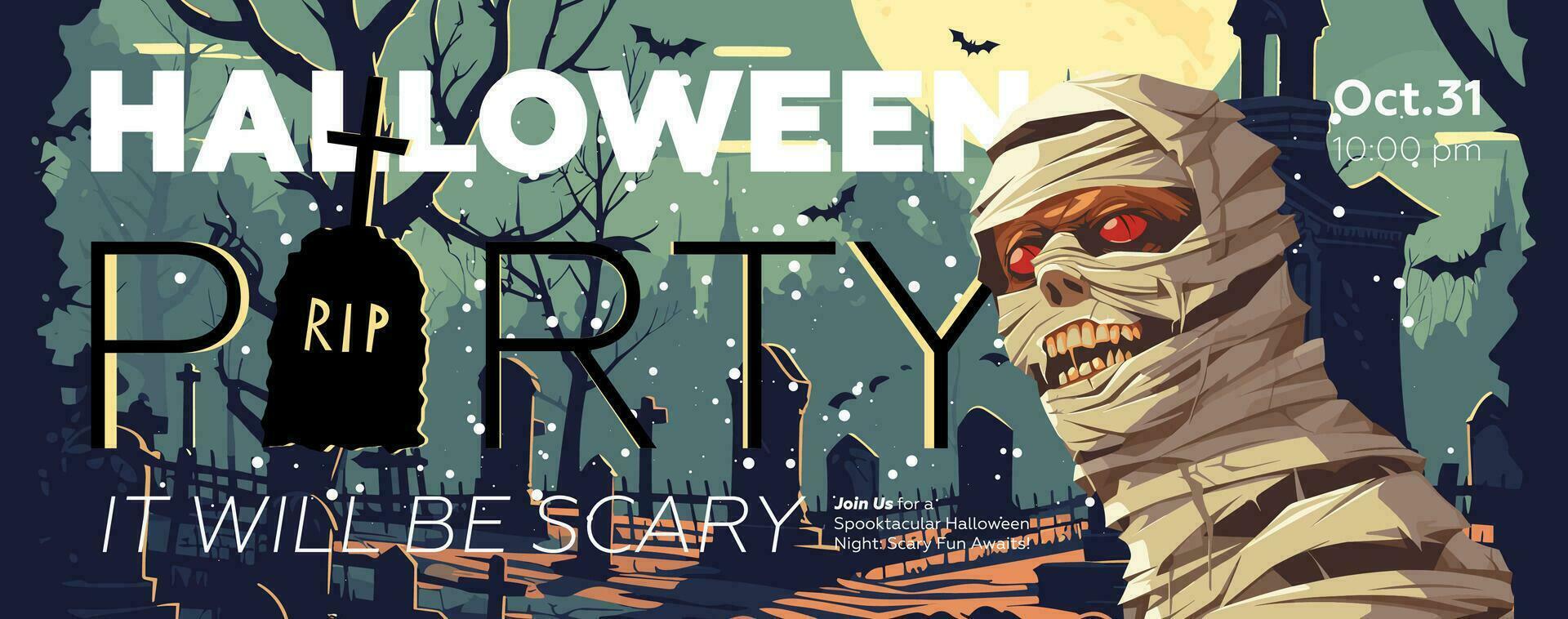 Halloween party banner with mummy on tombstones backdrop. Horizontal poster evil zombie in moonlit cemetery. Art cover spooky dead man. Holiday evening promo artwork flyer. Trendy typography eps print vector