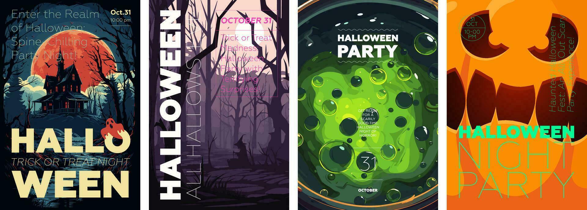 Happy Halloween party poster set. Placards with old mansion, witch in forest, poisonous potion and scary pumpkin. Art cover horror night. October holiday eve promotional artwork. Typography eps print vector