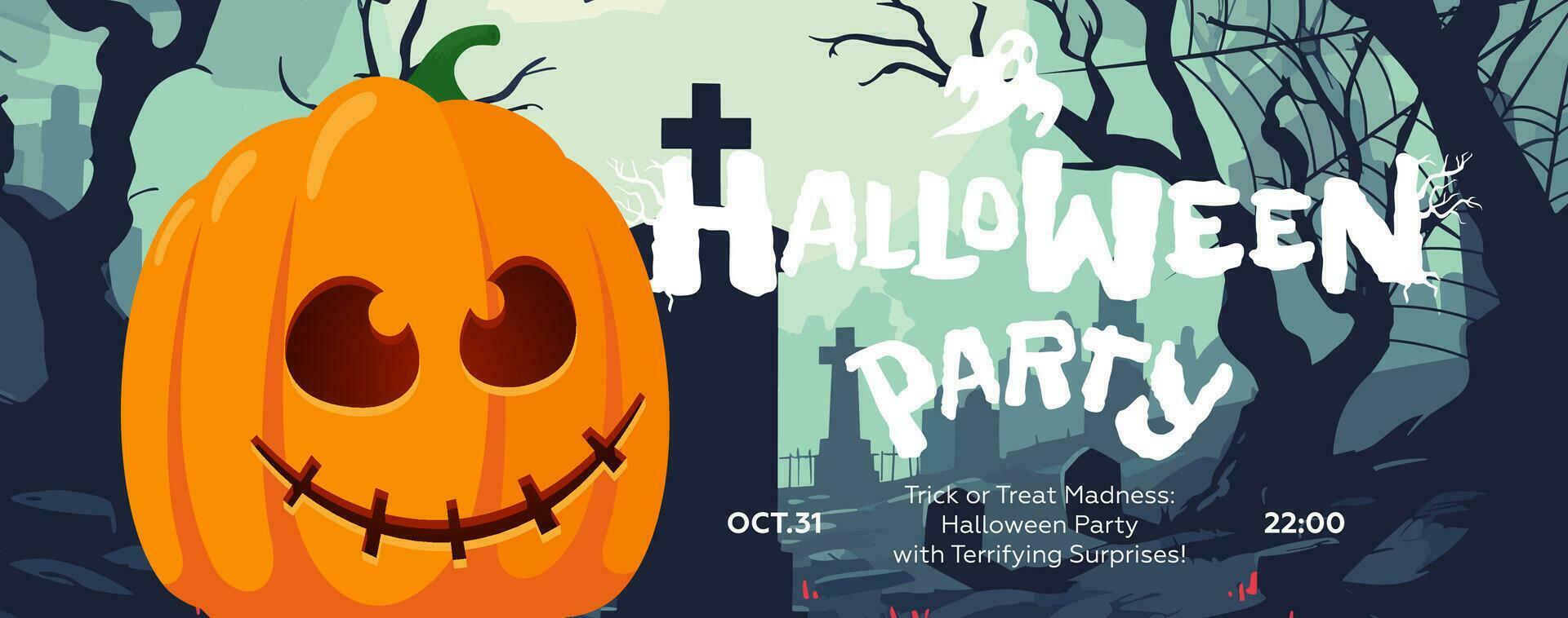 Happy Halloween All Saints night banner with spooky face pumpkin in graveyard. Horizontal art poster scary Jack-o-lantern in cemetery. Holiday promo invitation artwork flyer. Typography print template vector