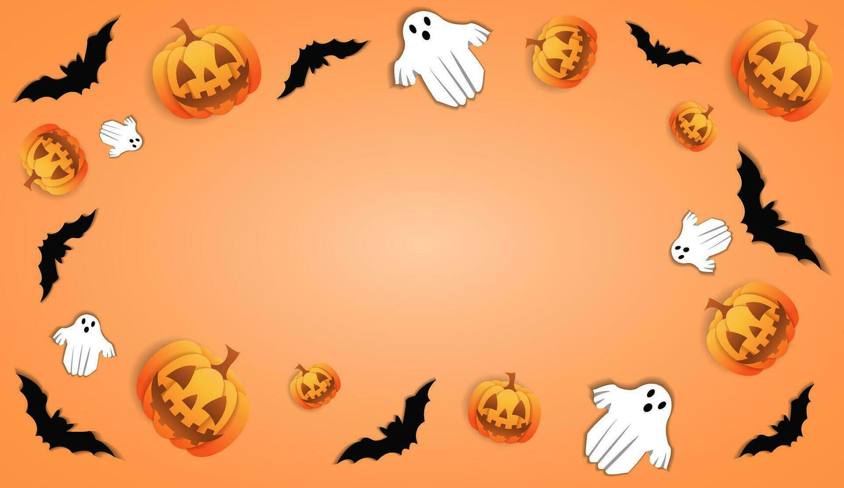 Halloween paraphernalia on an orange background, flat lay, with copy space in the center of the background. Along the edges of the pumpkin are lanterns, bats and ghosts vector