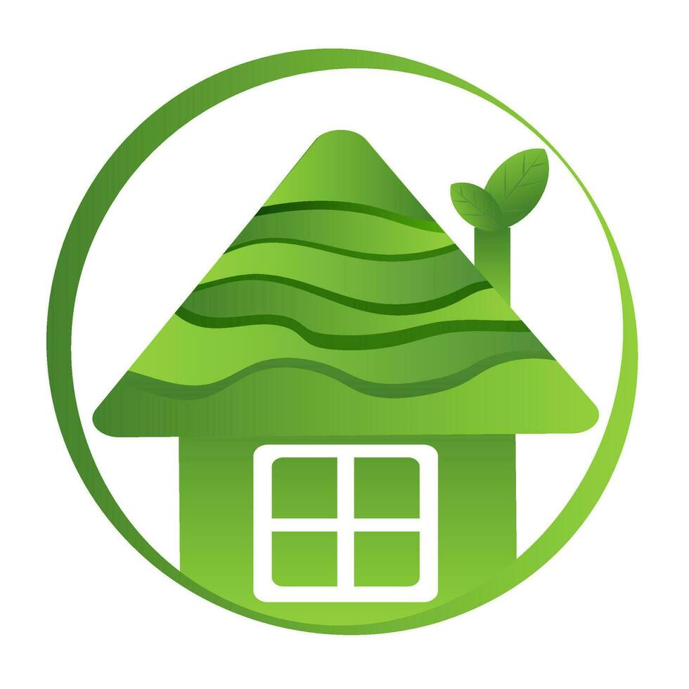 Green house logo in a circle, the concept of an environmentally friendly house, green energy, recycling, save nature. Vector on white or transparent background