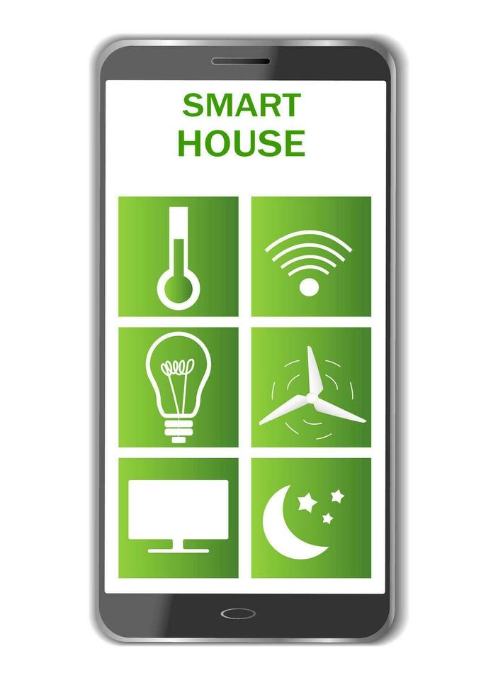 Smartphone with open mobile application smart home, with buttons, remote control. Icon set, smart home symbol, buttons on green background. For computer, for smartphone programs and applications. vector