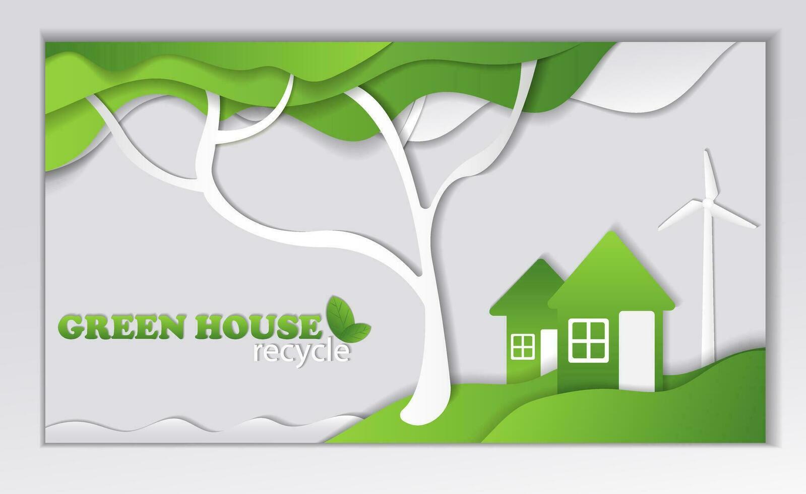 Green city composition, trees, lake, houses, wind generator. Paper cut house, green tree leaves inside, green house concept, eco house, eco friendly, recycling concept, clean house vector