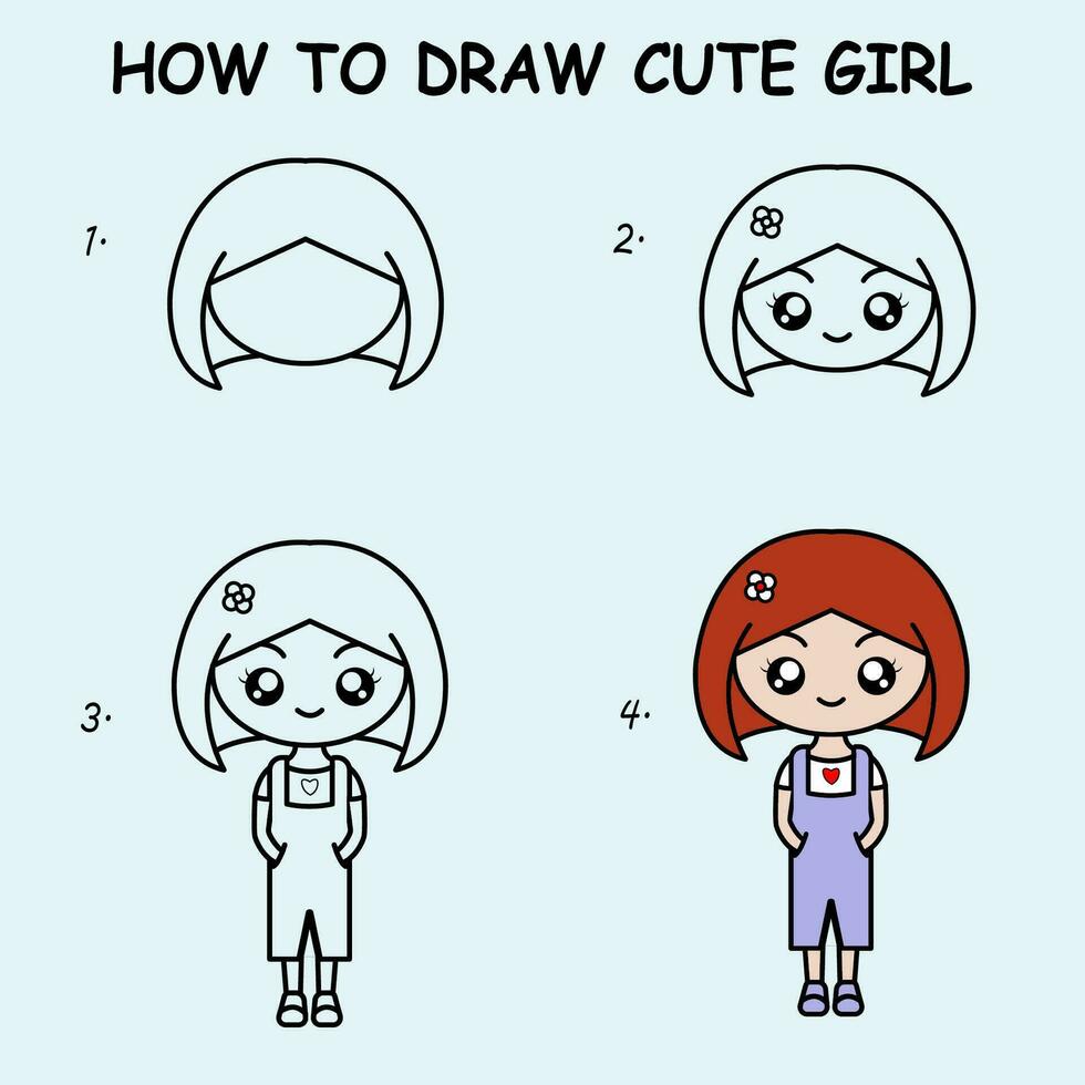 paso por paso a dibujar un linda muchacha. dibujo tutorial un linda muchacha. dibujo lección para niños. vector ilustración