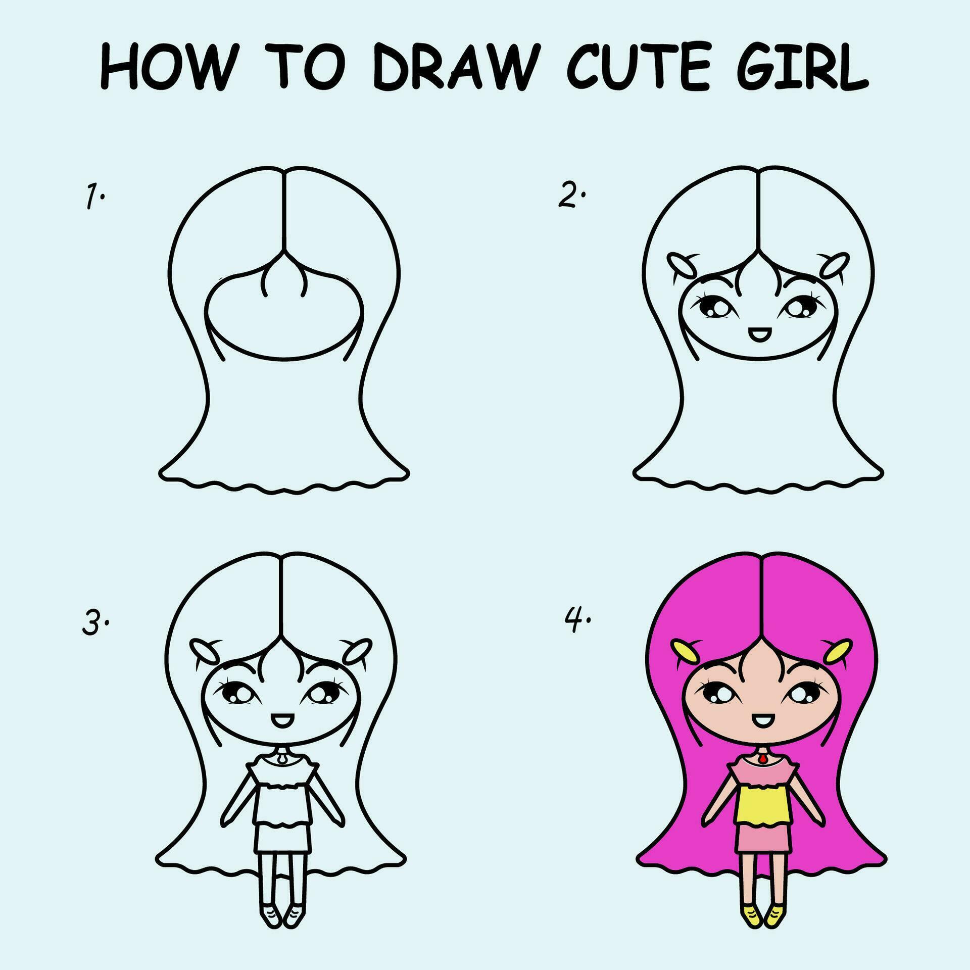 Step by step to draw a cute girl. Drawing tutorial a cute girl. Drawing