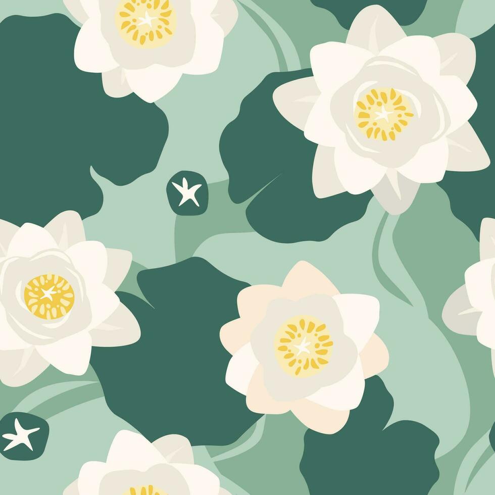 Seamless pattern with water lilies, lotuses, leaves. Summer floral abstract print. Vector graphics.