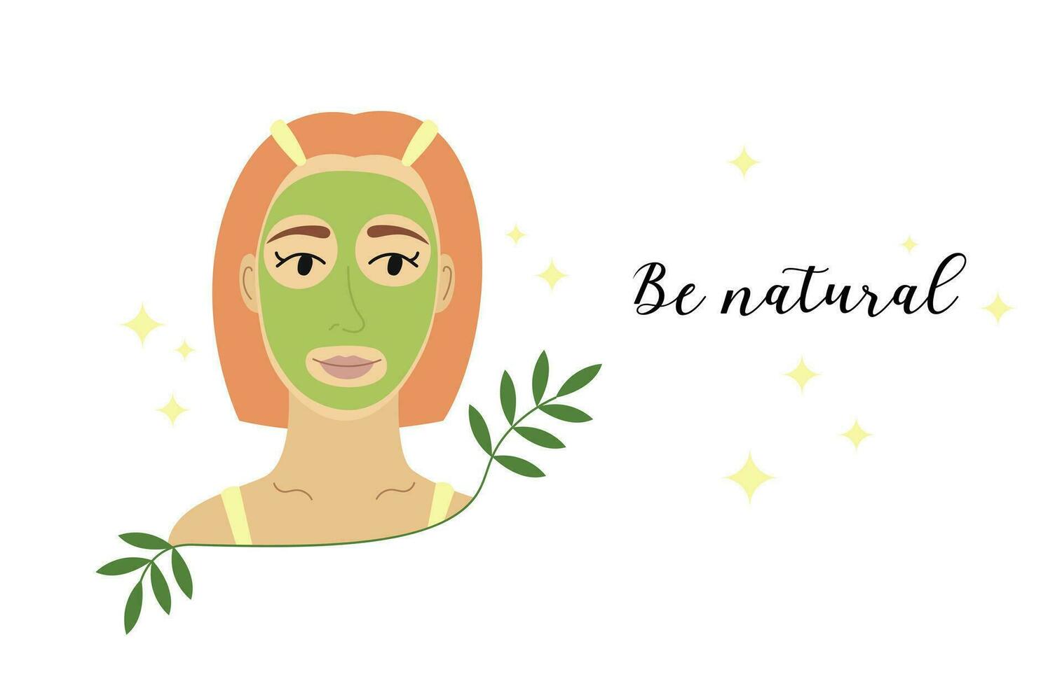 piel cuidado tarjeta, póster, bandera con texto ser natural. vector ilustración de orgánico cosmético productos y joven mujer con facial máscara hoja. protección de la piel concepto