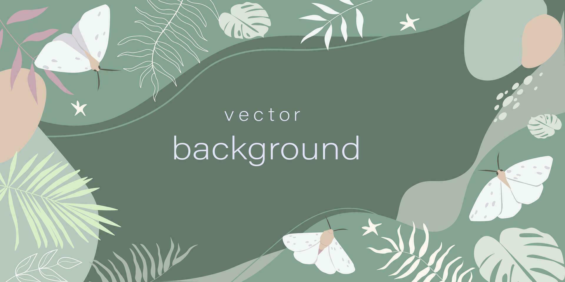 Rectangular background with natural ornaments, tropical leaves, butterflies. Flyer, banner with copy space with abstract forms. Vector graphics.