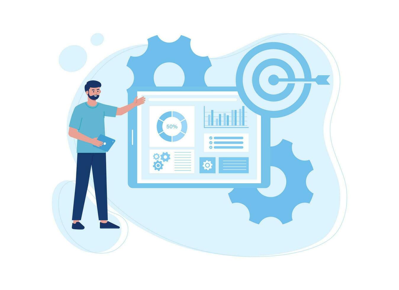 Tablet with data, targets and settings concept flat illustration vector