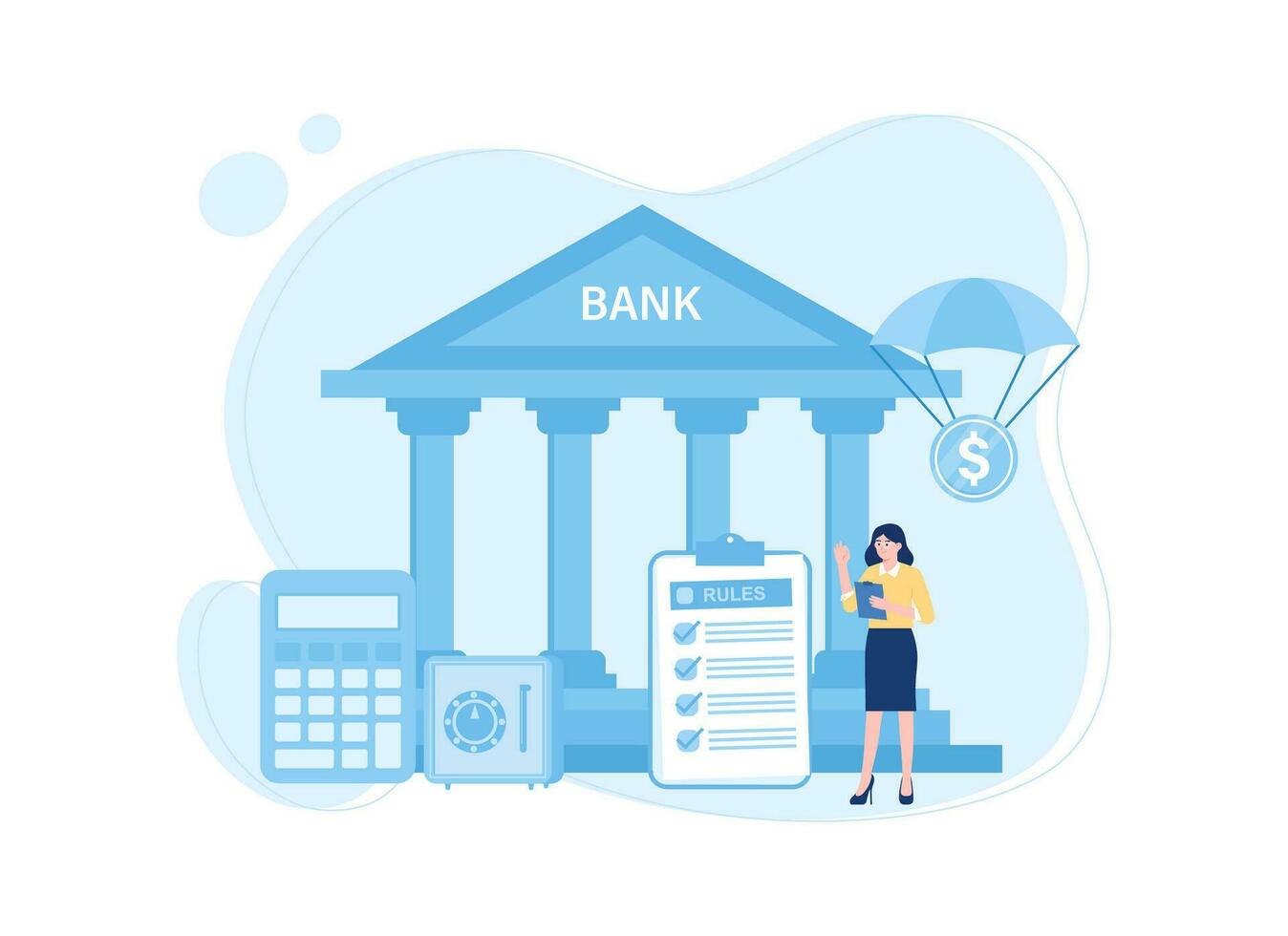 banco edificio con calculadora y seguro concepto plano ilustración vector