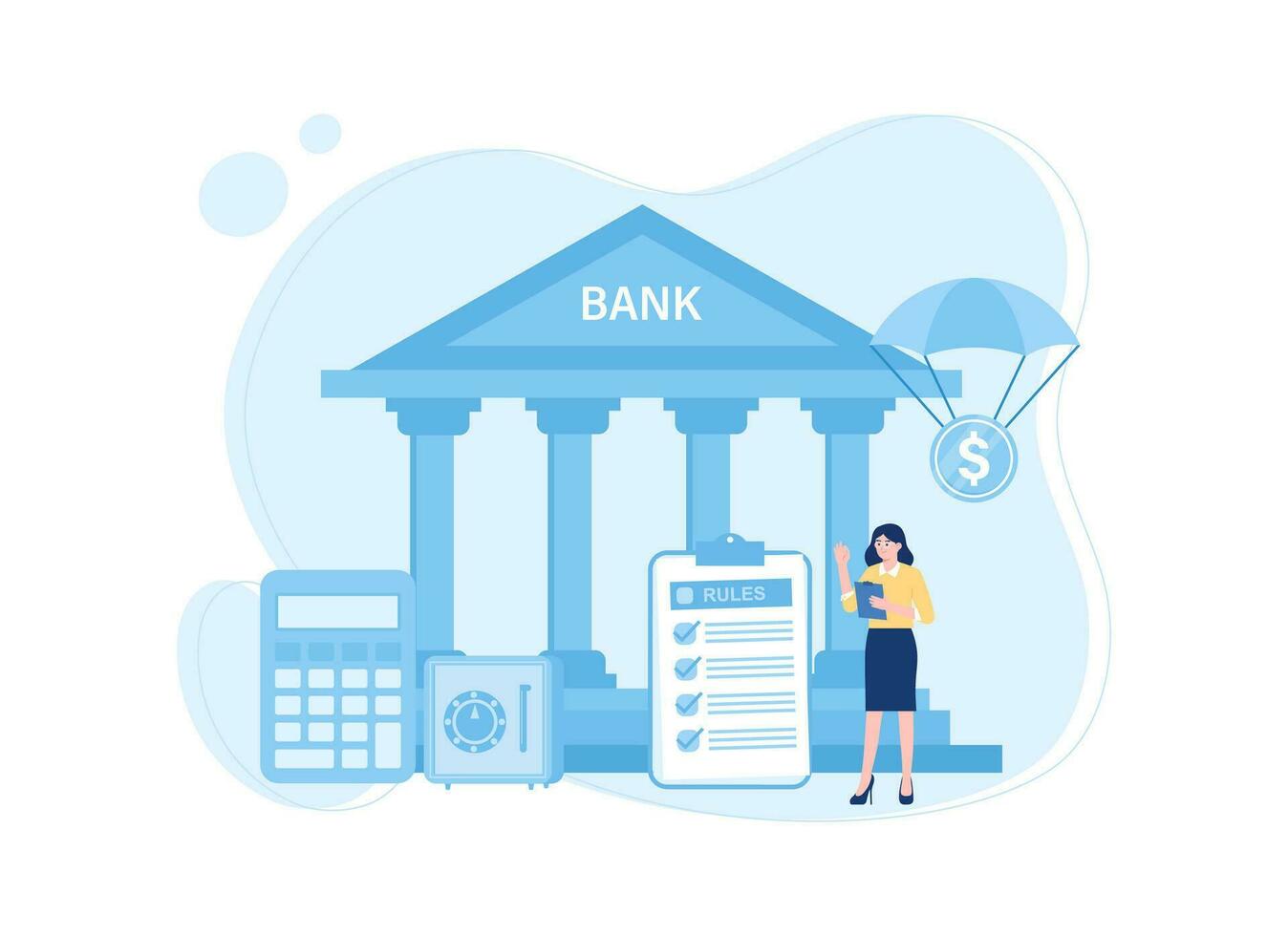Bank building with calculator and safe concept flat illustration vector