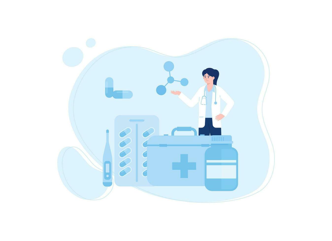 Doctor with first aid bag and doses concept flat illustration vector