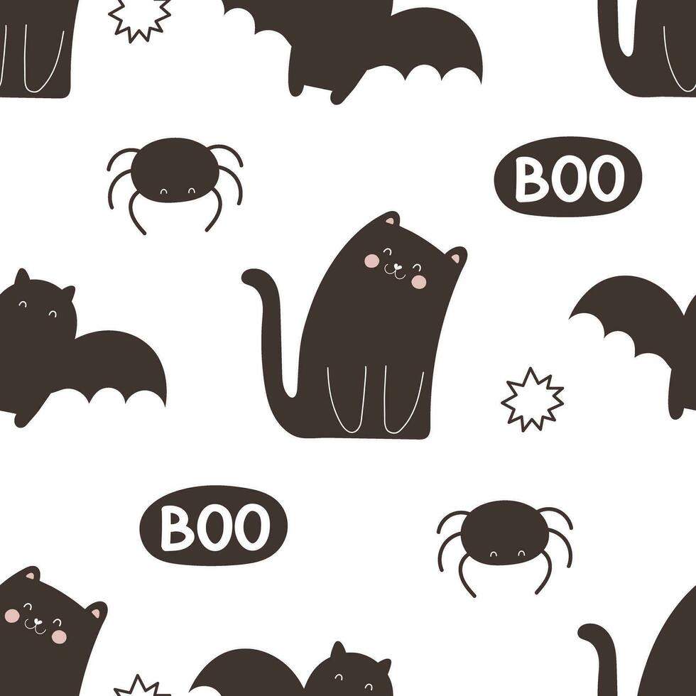 Halloween seamless pattern with cartoon cat, spider, bat, decoration elements. Colorful vector flat style. holiday theme. hand drawing. design for fabric, print, wrapper, textile