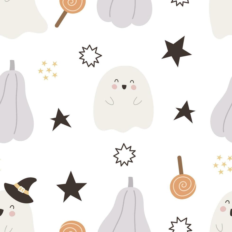 Halloween seamless pattern with cartoon pumpkins, ghost, decoration elements. Colorful vector flat style. holiday theme. hand drawing. design for fabric, print, wrapper, textile