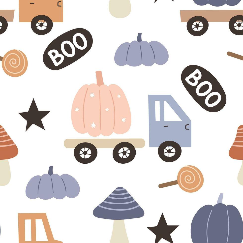 Halloween seamless pattern with cartoon pumpkin, car, mushrooms, decoration elements. Colorful vector flat style. holiday theme. hand drawing. design for fabric, print, wrapper, textile