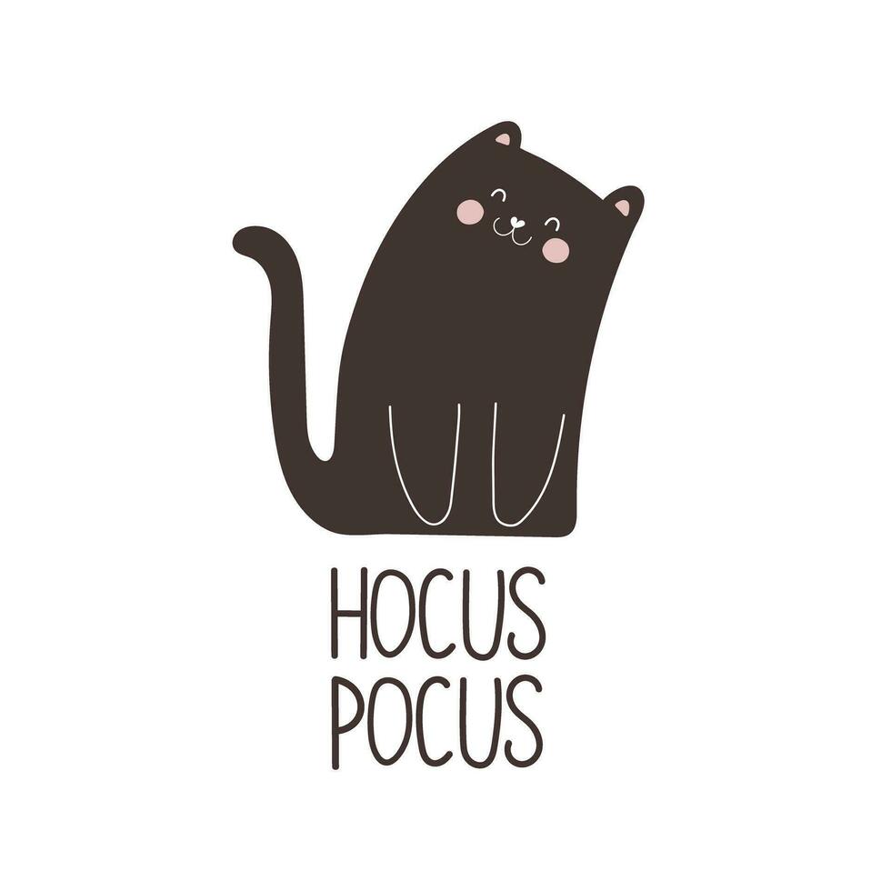 Hocus pocus. Cartoon cat, hand drawing lettering. Colorful vector illustration, flat style. design for cards, print, poster