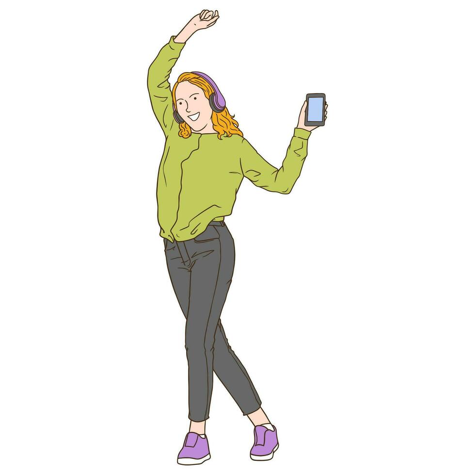 Cartoon illustration of happy dancing woman listening to music vector