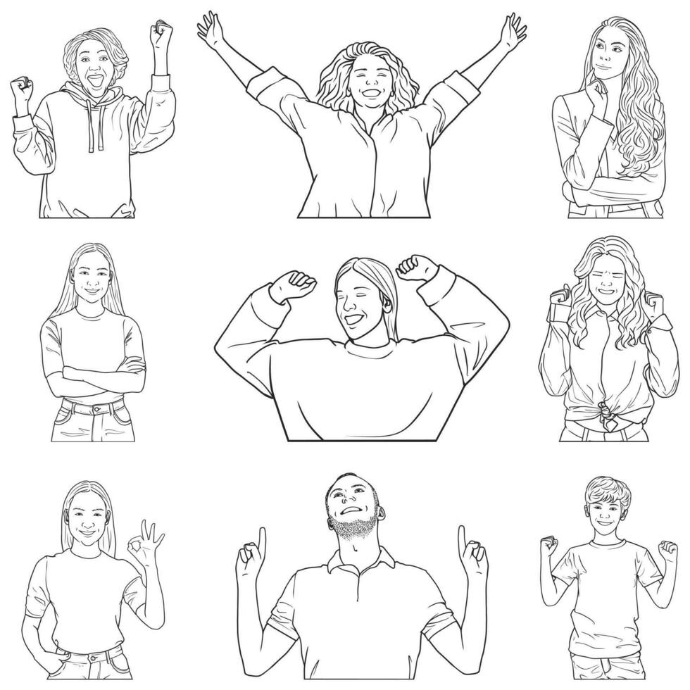 bundle line art various illustrations of human poses and expressions vector