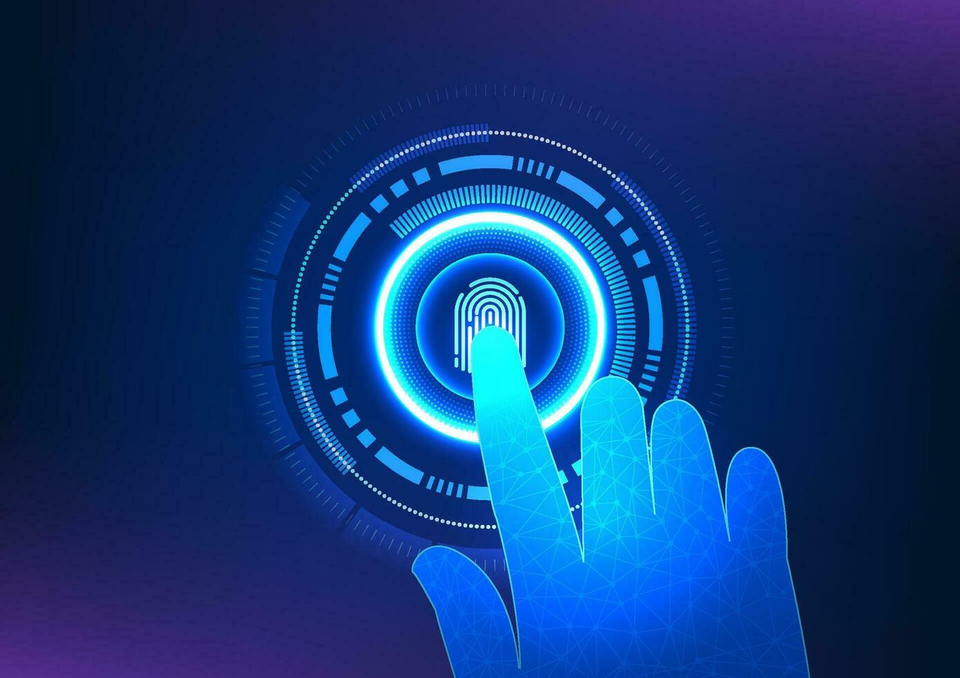 Security technology with fingerprint scanning The fingerprint is inside the technology circle with a hand coming in to scan it. Technology that provides identification before accessing data. vector