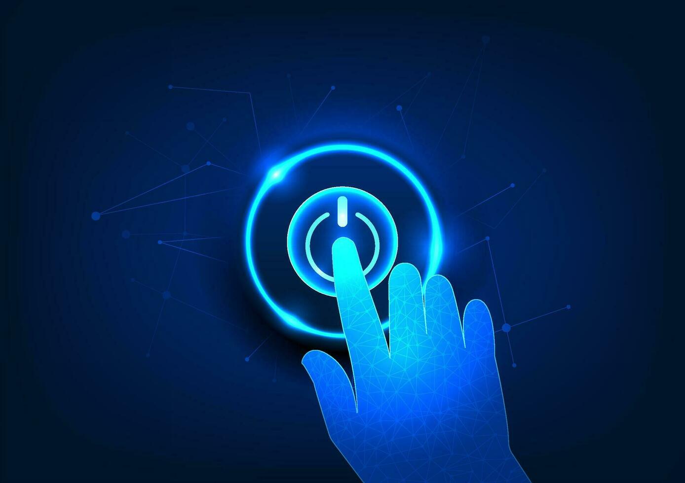 Switch on technology with a hand pushing the switch button on the back, there are elements of lines and there is light coming out of the switch It's a vector illustration with emphasis on blue tones